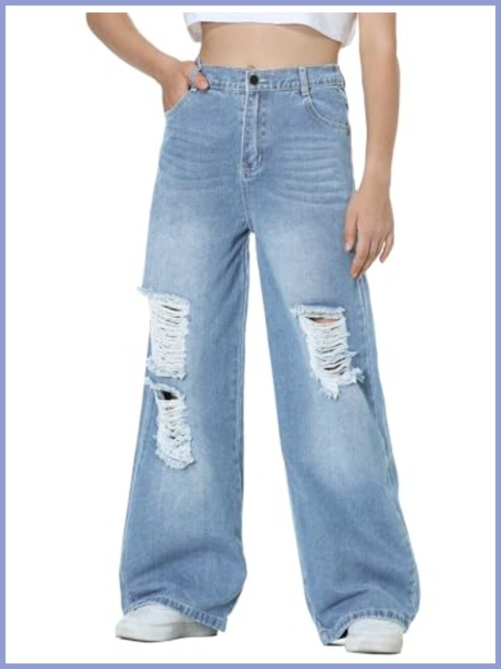 Ripped Wide Leg Jeans Elastic High Waist Five Pockets Girl Teen Baggy Denim